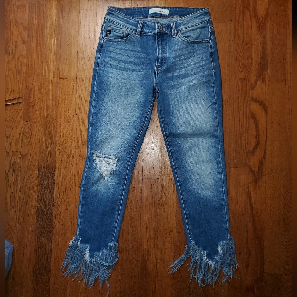KanCan Leslie Mid Rise Ankle Skinny Jeans with Distressed Fringe